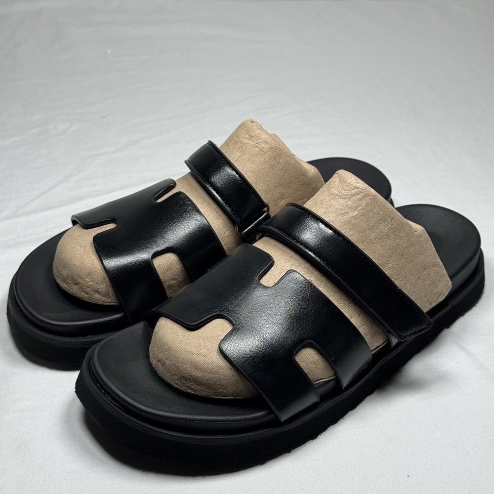 Women's Black Slide Sandals Double Strap‎ Comfort Slip On Flats Size 8